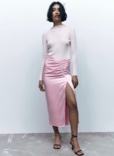 NWT Zara Pink Satin Effect Ruched Pencil Slit Skirt L 8 10