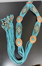 Vintage Charmant Belt Long tussles , turquoise, Bright Velvet With Metal Beads