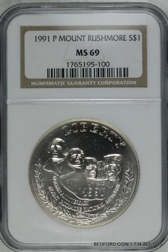 NGC MS69 1991-P MOUNT RUSHMORE COMMEMORATIVE SILVER DOLLAR $1 (BC100)