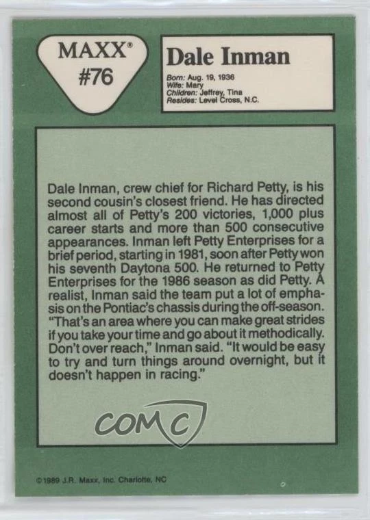 1989 Maxx Racing Dale Inman #76 Rookie RC HOF - Image 2 of 2