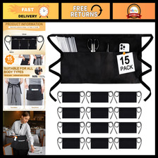 15 Packs Black Server Apron with 3 Pockets, Water-Resistant, Adjustable Waist St