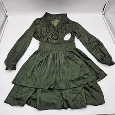 Scoop Ruffle Mini Satin Dress Kombu Green Smocked Waist Tiered Skirt Size S 4-6