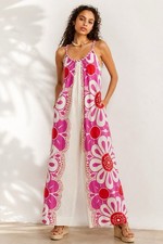 FARM Rio Maia Linen Blend Wide Leg Jumpsuit Rope Strap Floral Pink M