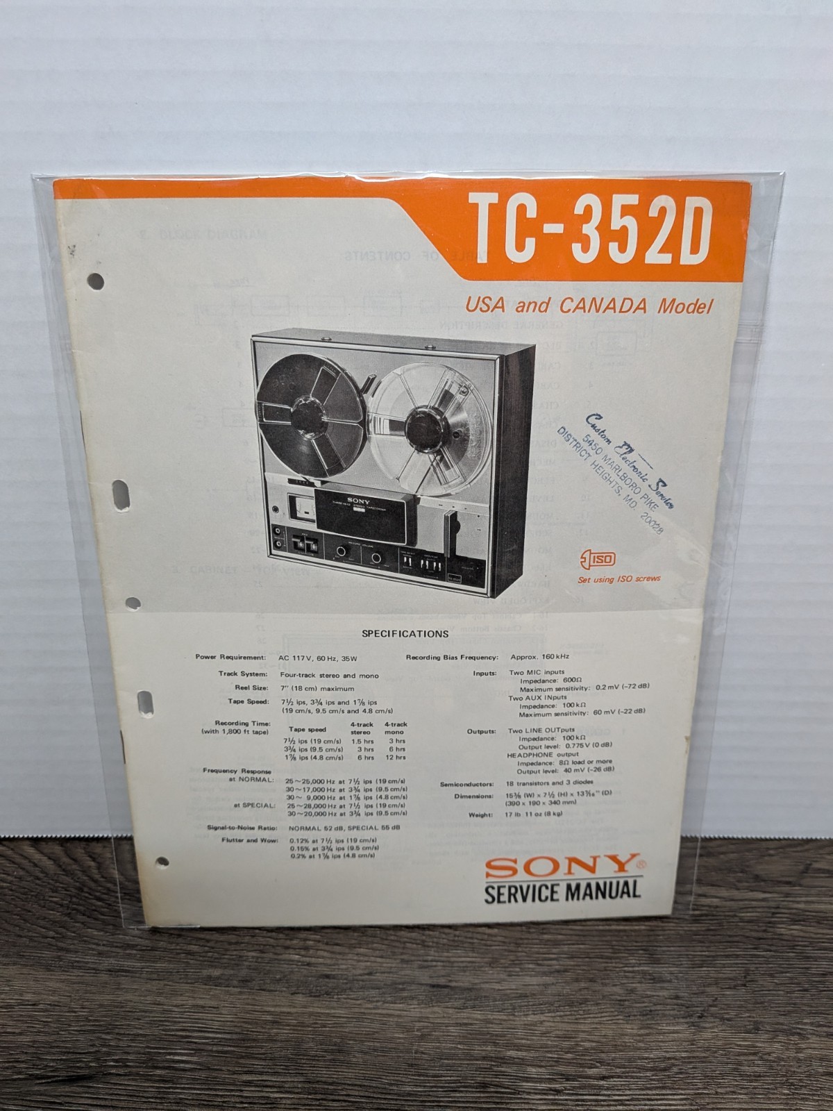 Sony TC-352D Reel to Reel Service Manual Genuine Original Paperwork Repair 