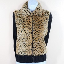 Tiara International Leopard Faux Fur Zip Jacket Ribbed Sleeves Y2K Women's S