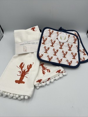 Sara Fitz Lobster Themed Set of 2 Kitchen Towels and Pot Holder Set *New*