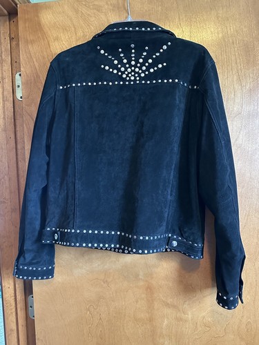 1990’s Tower Hill Collection Black Suede Leather Jacket Silver Studs Women’s 16 - Picture 2 of 3