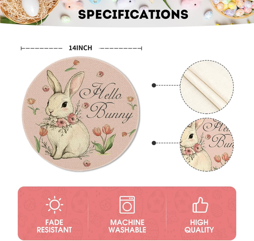 Pink Bunny Eucalyptus Tulips Easter Placemats Set of 4, 14 Inch Spring round Tab - Picture 6 of 12