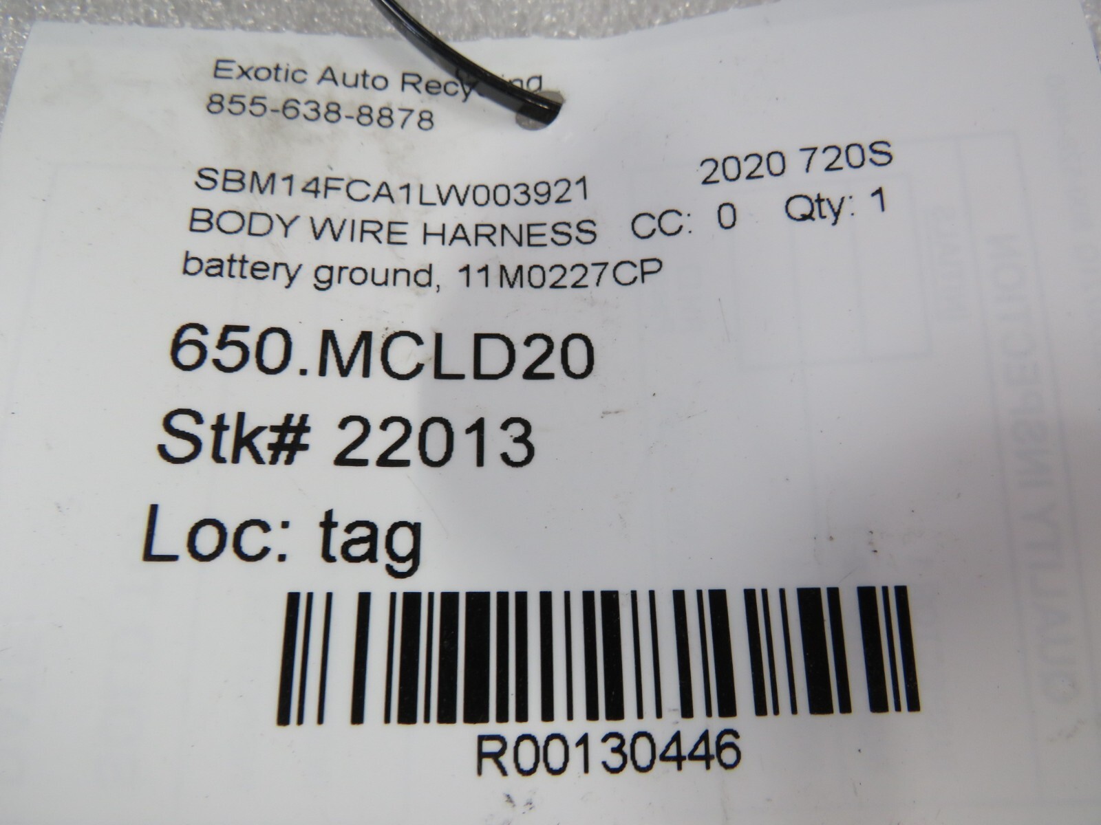 McLaren 720S, Battery Ground Wire Harness, Used, P/N 11M0227CP