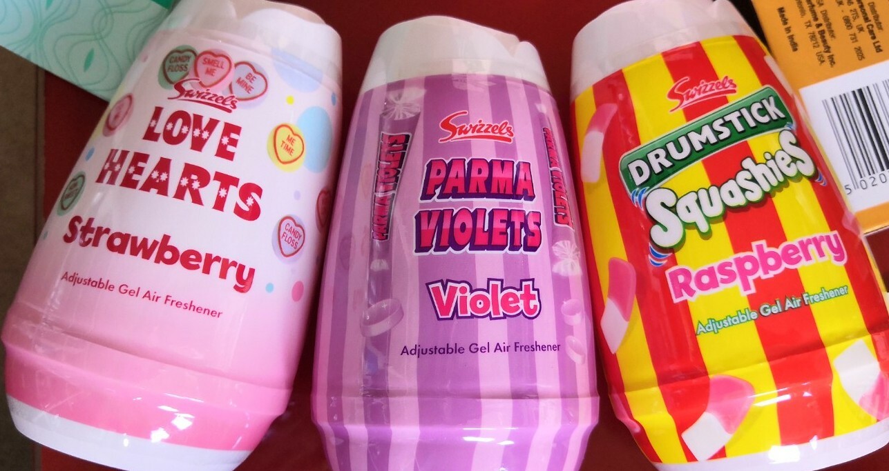 SWIZZELS LOVE HEARTS, DRUMSTICK, PARMA VIOLETS AIR FRESHENER GELS TRIO