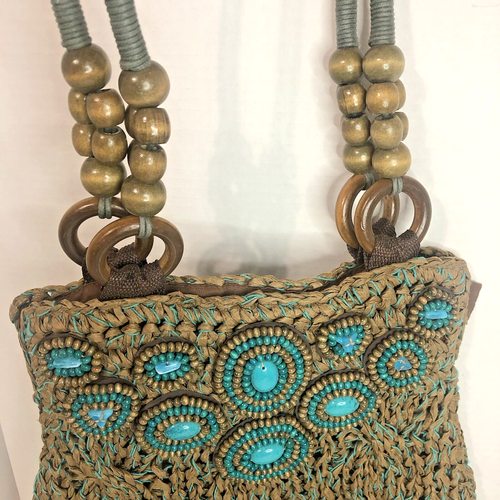 Chico's Boho Style Tasche - gewebter Bast mit türkisen Medaillons & Holzperlen - Bild 7 von 14