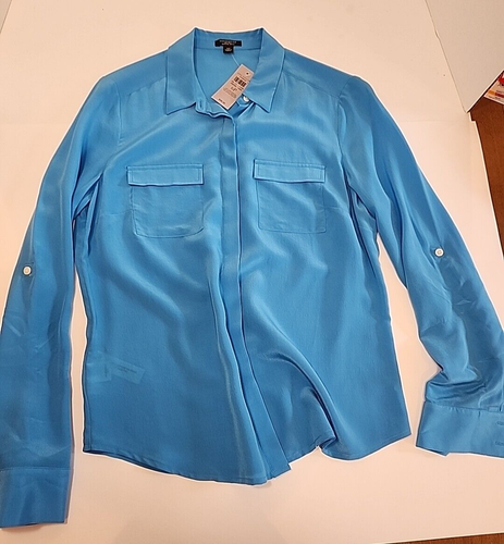 Ann Taylor Women's Silk Button Up Long Sleeve Roll Tab Pocket Blouse 6 Pet NWT - Picture 7 of 11