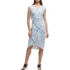 DKNY NEW Women's Blue Surplice Ruched Gathered Tulip Hem Sheath Dress TEDO