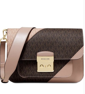 MichaeMichael Kors Sloan Editor Leather Canvas Shoulder Crossbody Bag Brown/Fawn