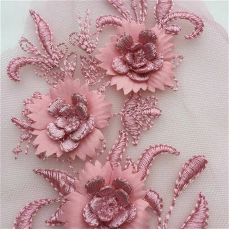 3D Flower Lace Embroidery Bridal Wedding Dress Applique Tulle DIY Beaded - Image 4 of 4