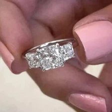 2.50Ct Cushion Cut Simulated Diamond Three Stone Ring In 14k White Gold Plated