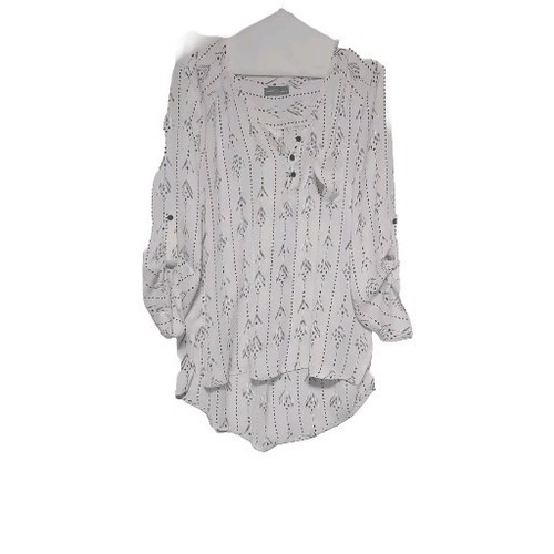 Market & Spruce Womens White Blouse w/Black Southwestern Print, Tab Sleeves M/L