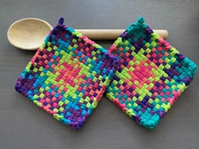 Handmade Set of 2 Potholders Cotton Woven Loom Hot Pads Oven Mitt Trivet Gift 