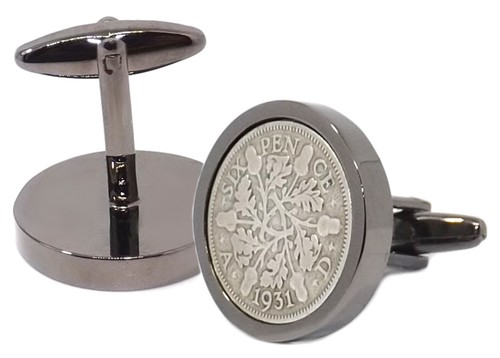 1931 Sixpence Coins Gun Metal Plate Setting Men 87 Years Gift - CUFFLINKS DIRECT - Picture 5 of 8