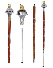 Drum Major Mace Embossed Chrome Head With Golden Lion and Crown Head Top 3 Parts
