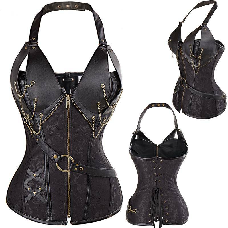 Grebrafan Steampunk Corset Bustier Acier Pirate et Jupe Asymétrique en