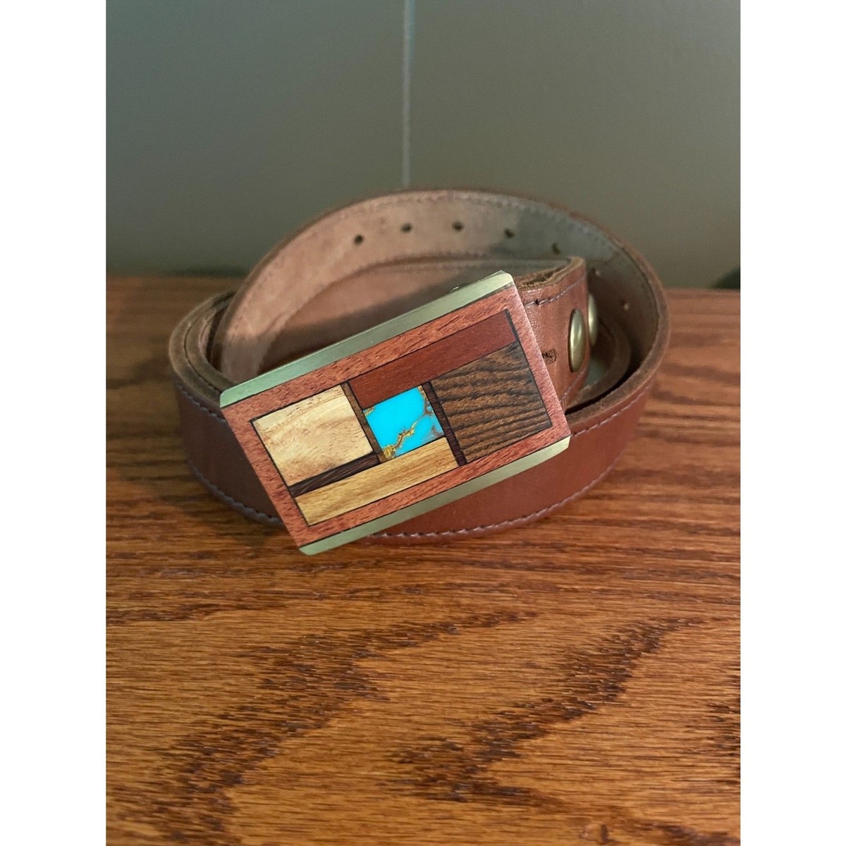‘Sky West’ handmade wood-Brass-Turquoise belt buckle Belt Buckle #06 Turquoise – JW Western Works main image 3