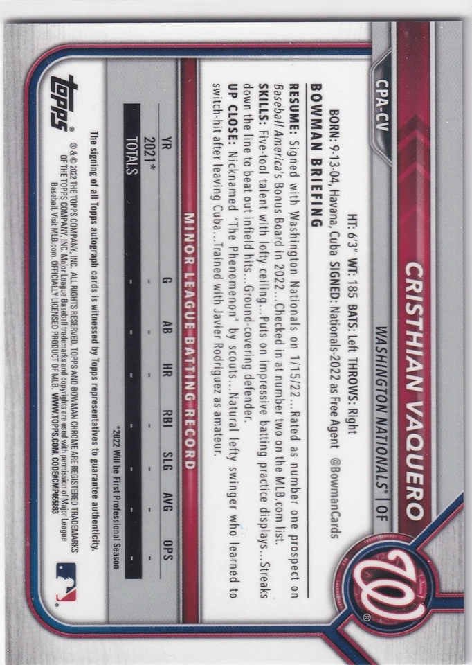2022 Bowman Chrome - Prospect Autographs Cristhian Vaquero #CPA-CV (AU, RC) - Image 2 of 2
