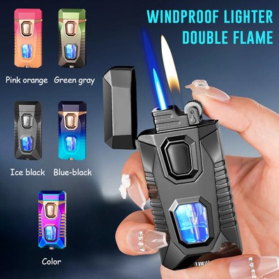 New Mecha Style Alloy Windproof Lighter Dual Flame LED Cigarette Gas Lighter