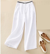Womens Casual Linen Wide Leg Pants Elastic Waist Straight Trousers with Pockets