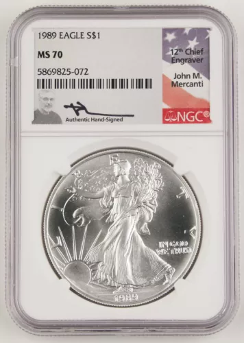 1989 American 1 Oz Silver Eagle GEM BU Coin $1 NGC MS70 with Mercanti Signature