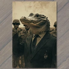 POSTCARD Alligator Military Uniform Surreal Scene Soldier Weird Army Retro Suit