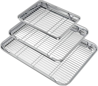 Baking Sheet with Rack Set (3 Pans + 3 Racks), Stainless Steel Baking Pan Cookie