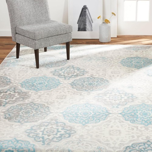 Durable Grey/Blue Transitional Damask Rug - Power Loomed, 6'6" x 9'6" - Picture 4 of 11