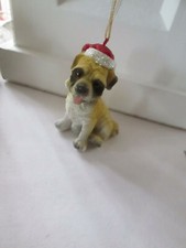 4" Resin Pug Dog With Santa Hat Christmas Ornament, New