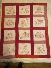 Handmade Red work Embroidery Puppy Blocks Baby Quilt, 39  x32  , Unisex Red