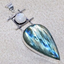 925 Silver Plated Long Fiery Labradorite Rainbow Moonstone Pendant 2.6" GW