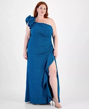 City Studio Trendy Plus Size One-Shoulder Ruffle-Trim Glitter Gown Women's 18W