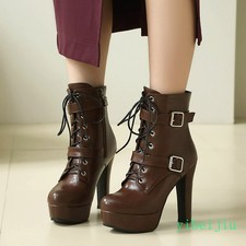 Lady Women's Super High Heel Ankle Boots Knight Leather Shoes Platform Plus Size
