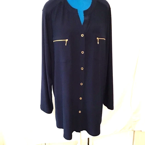 Susan Graver 2X Navy Blue Blouse Top Y Neck Button Down w/Pocket Zippers