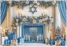 7X5Ft Fabric Happy Hanukkah Backdrop Shiny Menorah Lamp Blue and White Floral Ph