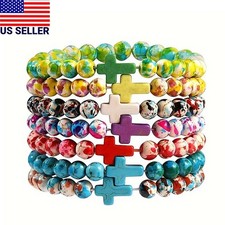 Bracelet Set For Women - Multicolor Striped Bead 7-Piece Cross Wristband U
