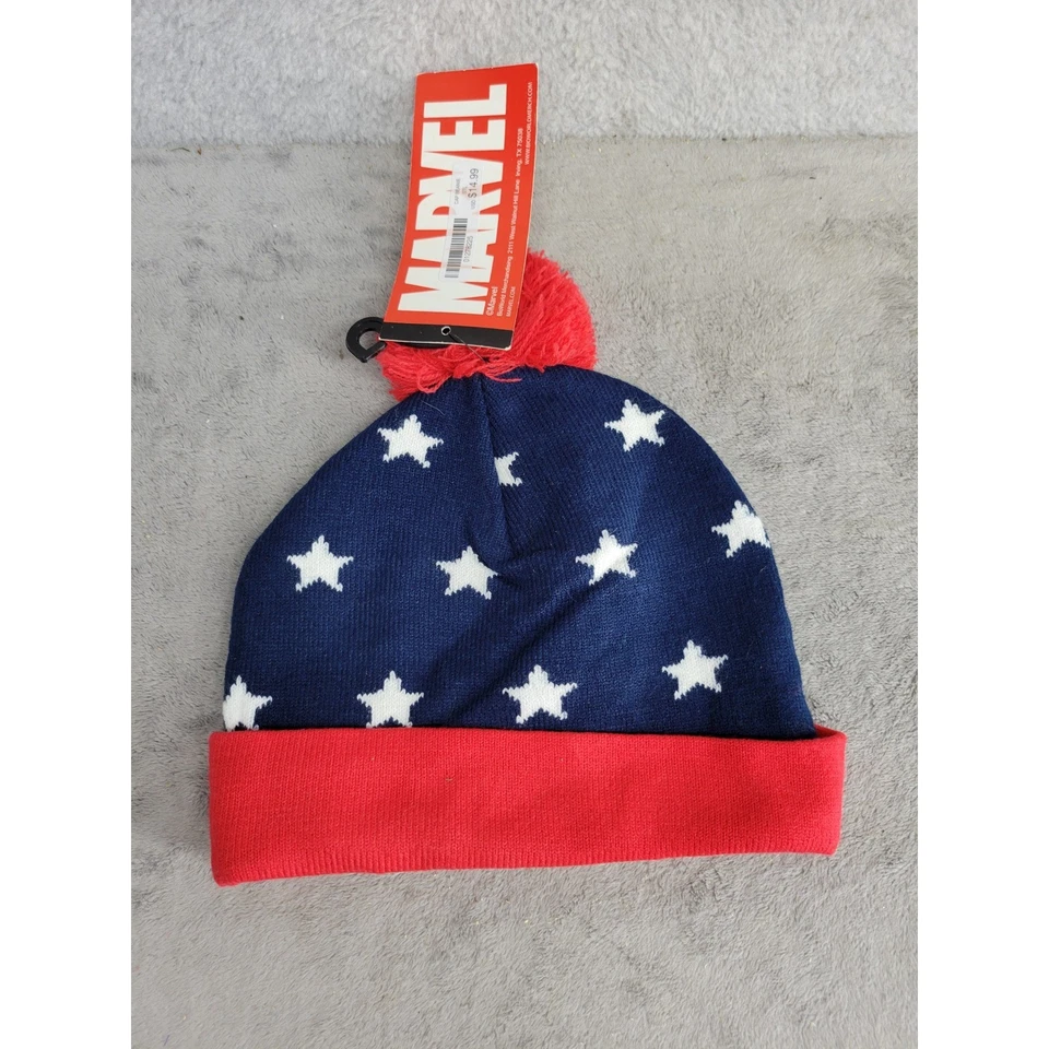Marvel Captain America Beanie Hat Blue Red White Stars Pom Pom - Image 2 of 3