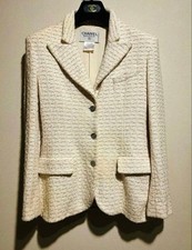 CHANEL Vintage 90s 98P Tweed Jacket White Silk Wool CC Logo Buttons Size 38 JPN