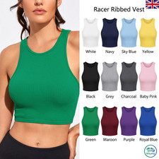 Ladies Ribbed Sleeveless Crop Top Scoop Neck Stretch Gym Club Slim Fit 4-22