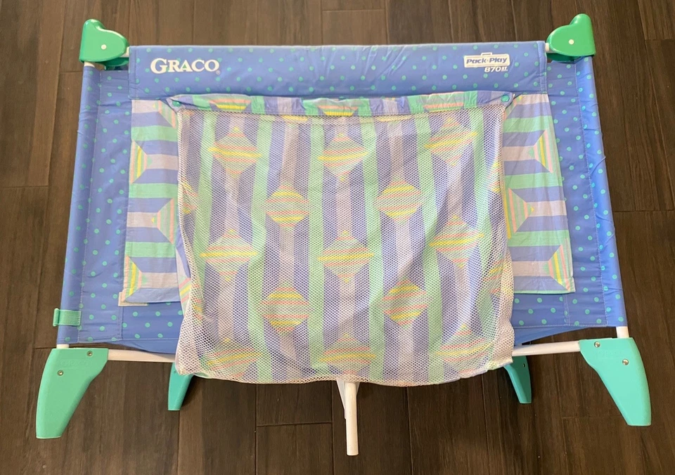Bolígrafo y estuche de viaje vintage años 90 Graco Pack n Play serie 870 azul y verde Foto 2 de 4