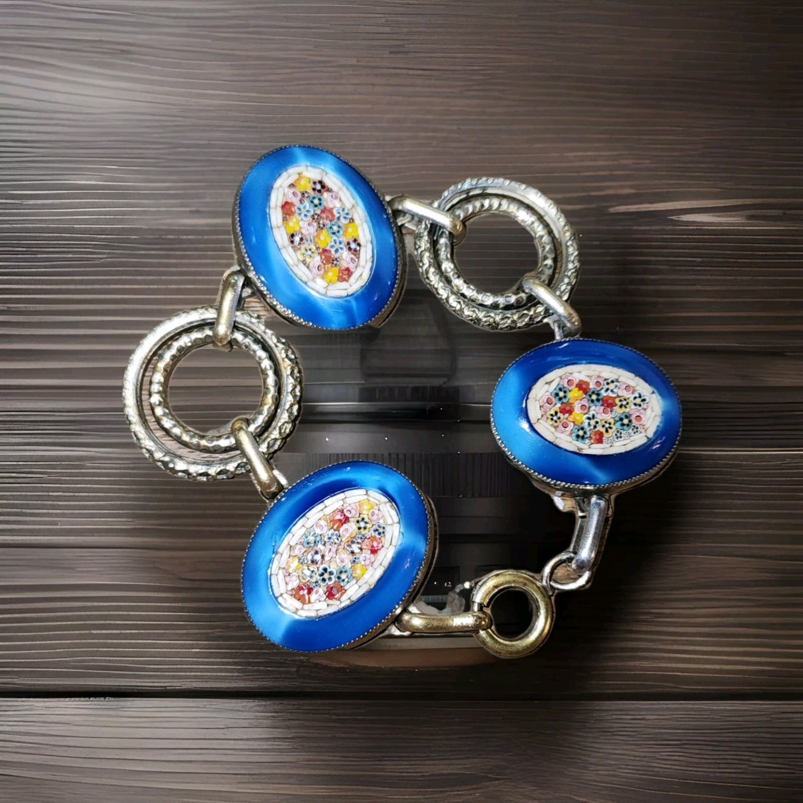 Gorgeous Rare Antique 925 Silver Plated Oval Blue Glass Micro Mosaic Bracelet A+