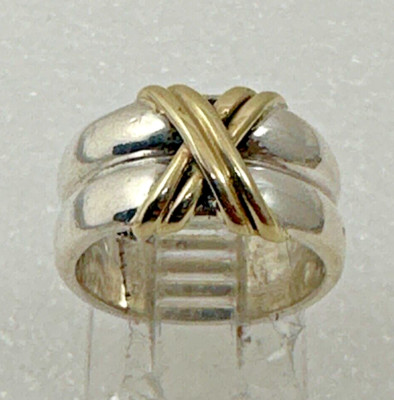 Sterling Silber .925 ~ 14k ~ ZINA ~ 10 mm breit ''X'' Ring Bandgröße 5 1/2