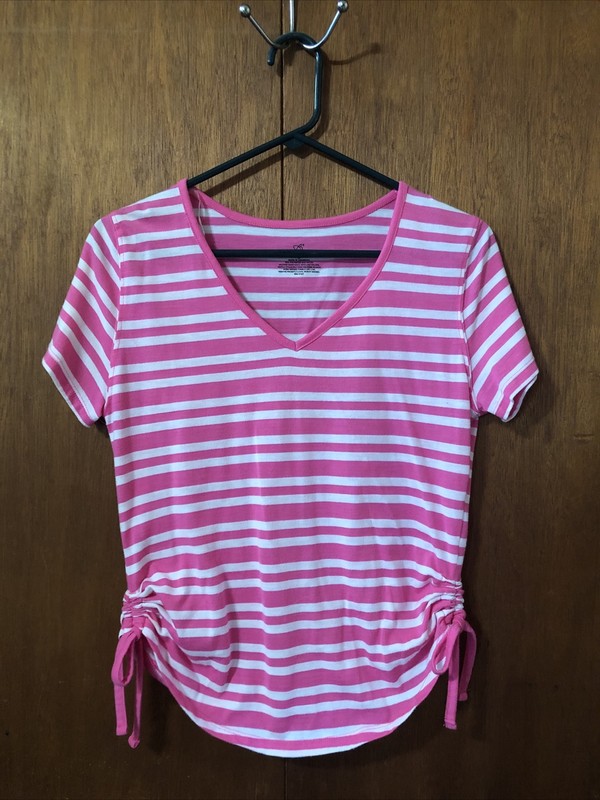 Womens Bobbie Brooks Tee Shirt PINK WHITE STRIPE Cinch Sides S 4-6 Spring Summer
