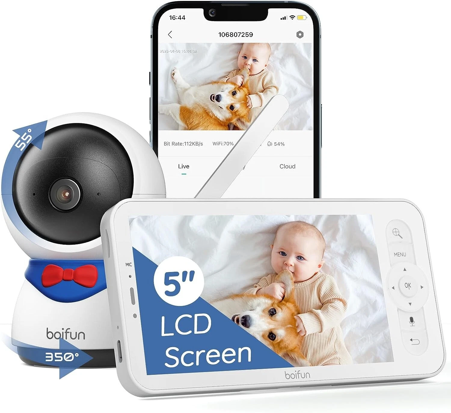 Auto Tracking Wifi Video Baby Monitor Camera, App & 5'' Screen Control, 1080P