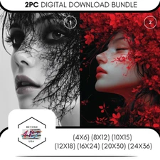 Womans face with black white -Red & white - 2PC Digital Download Wall Art SKU37
